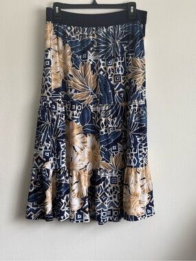 Navy & Beige Floral Midi Skirt